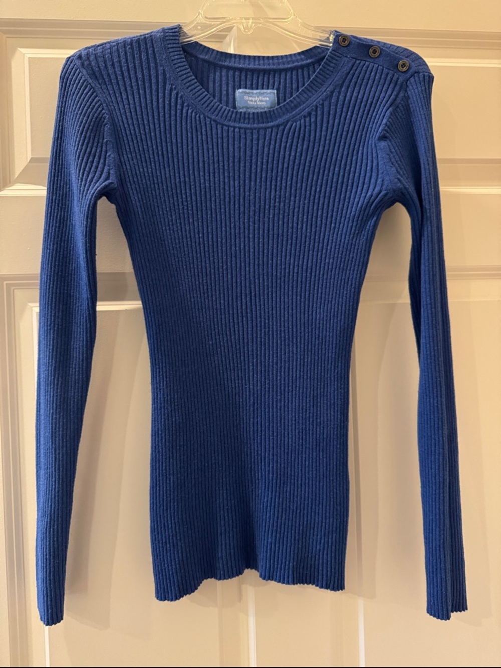 Simply Vera Vera Wang Ribbed Crewneck Sweater in Royal Blue with Button Shoulder